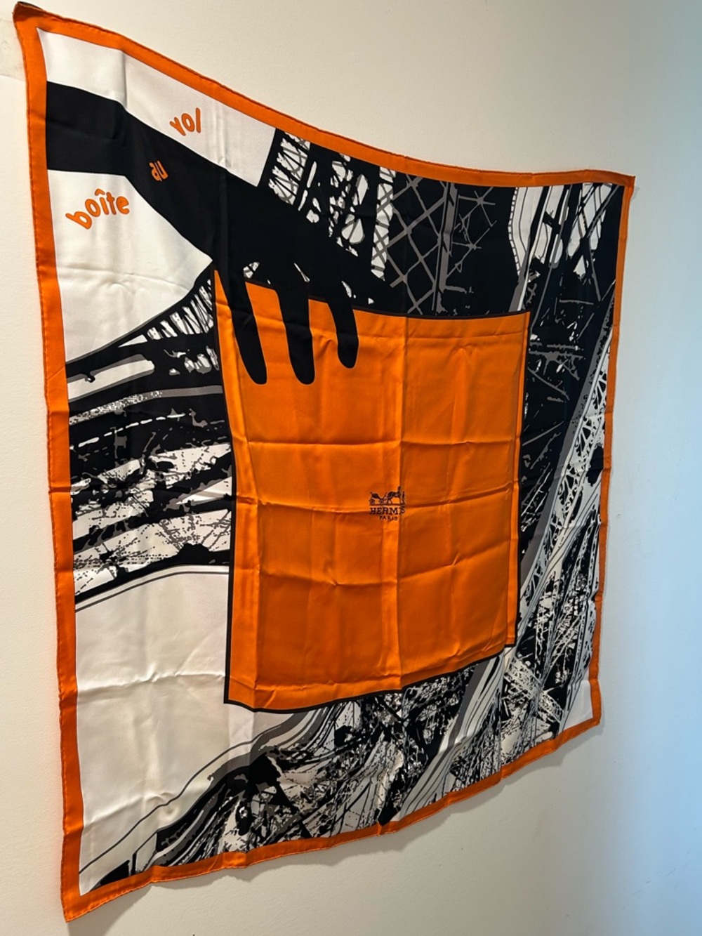 Hermès Orange & Black Silk Scarf, plumb edges, 35” square, no spots, stains,